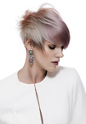 SHort haired blonde with fashion color